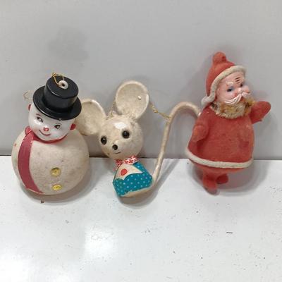 Three vintage felt ornaments - Snowman. - Mouse, and Santa