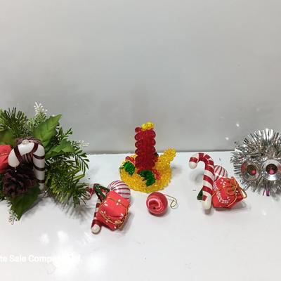 Vintage plastic greenery / decorative florals Candy Cane with candle made of beads.