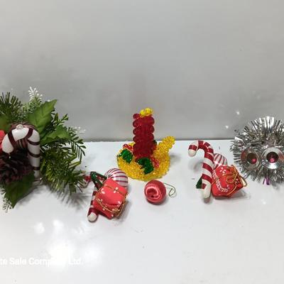 Vintage plastic greenery / decorative florals Candy Cane with candle made of beads.