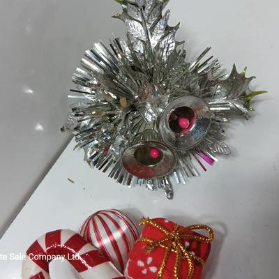 Vintage plastic greenery / decorative florals Candy Cane with candle made of beads.
