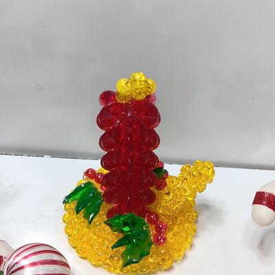 Vintage plastic greenery / decorative florals Candy Cane with candle made of beads.