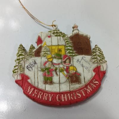 Two hand painted Colorado scenery ornaments on wood and two other Christmas ornaments with pine cones