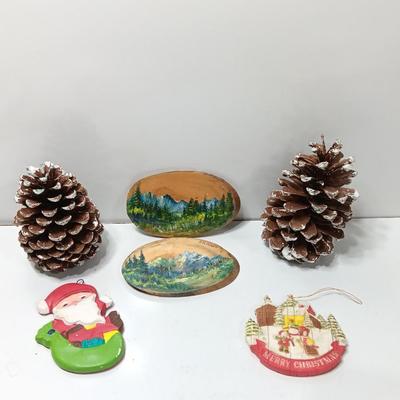 Two hand painted Colorado scenery ornaments on wood and two other Christmas ornaments with pine cones