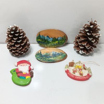 Two hand painted Colorado scenery ornaments on wood and two other Christmas ornaments with pine cones