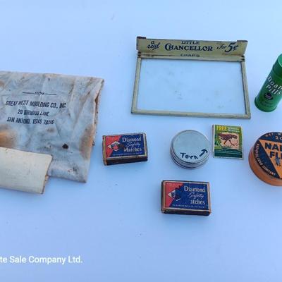 Small vintage advertising pieces - matchbooks -- tins - and more