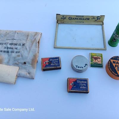 Small vintage advertising pieces - matchbooks -- tins - and more