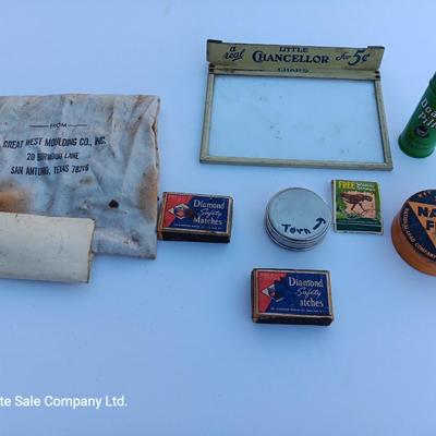 Small vintage advertising pieces - matchbooks -- tins - and more