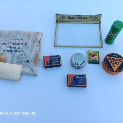 Small vintage advertising pieces - matchbooks -- tins - and more