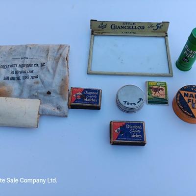 Small vintage advertising pieces - matchbooks -- tins - and more
