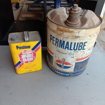Metal collectible Permalube motor oil can and Prestone Brake Fluid tin