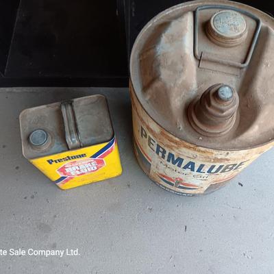 Metal collectible Permalube motor oil can and Prestone Brake Fluid tin