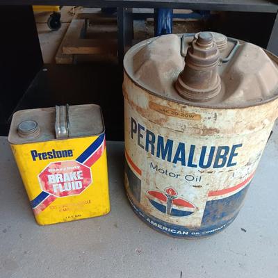 Metal collectible Permalube motor oil can and Prestone Brake Fluid tin
