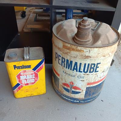 Metal collectible Permalube motor oil can and Prestone Brake Fluid tin