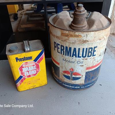 Metal collectible Permalube motor oil can and Prestone Brake Fluid tin