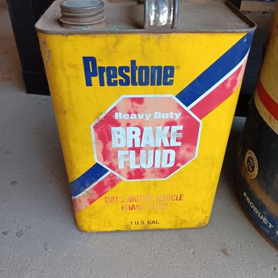 Metal collectible Permalube motor oil can and Prestone Brake Fluid tin