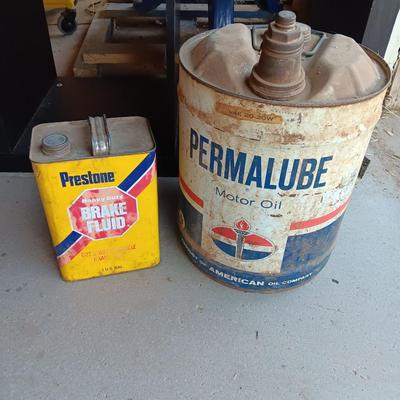 Metal collectible Permalube motor oil can and Prestone Brake Fluid tin