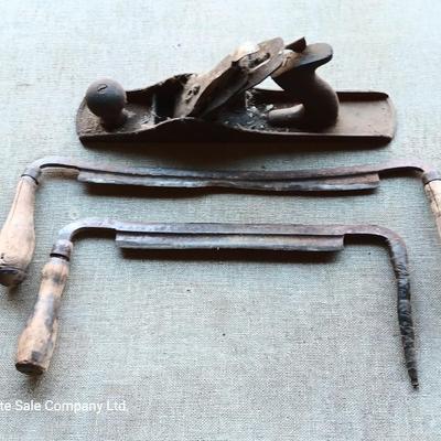 Vintage block plane with two wood handled Antique draw knives - Draw Knife
