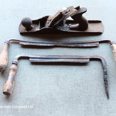 Vintage block plane with two wood handled Antique draw knives - Draw Knife