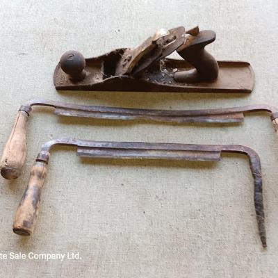 Vintage block plane with two wood handled Antique draw knives - Draw Knife
