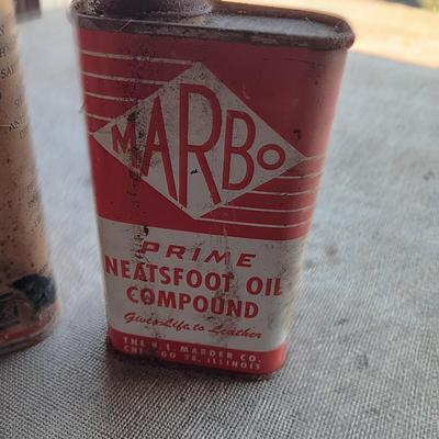 Four vintage metal tins - Gas measure - Neats foot oil tins and Lock ease oil tin