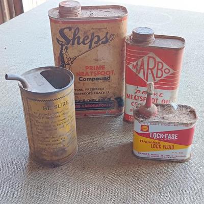 Four vintage metal tins - Gas measure - Neats foot oil tins and Lock ease oil tin