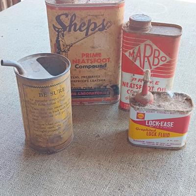 Four vintage metal tins - Gas measure - Neats foot oil tins and Lock ease oil tin