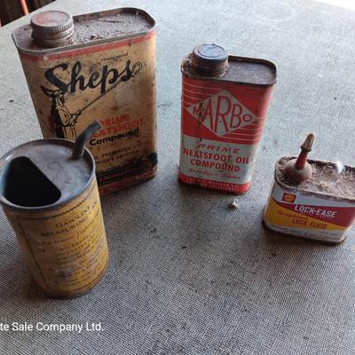 Four vintage metal tins - Gas measure - Neats foot oil tins and Lock ease oil tin