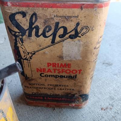 Four vintage metal tins - Gas measure - Neats foot oil tins and Lock ease oil tin