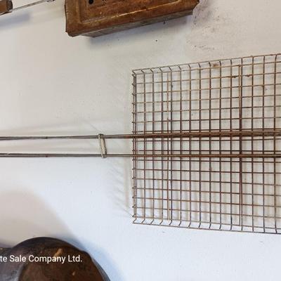 Camping pans - Cast Iron Griddle - Popcorn maker - handheld grate - and large frying pan