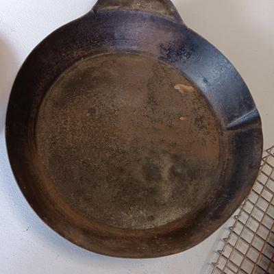 Camping pans - Cast Iron Griddle - Popcorn maker - handheld grate - and large frying pan