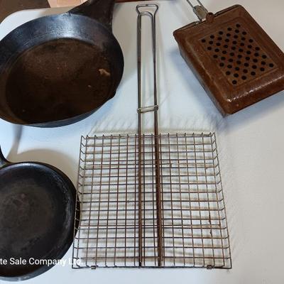 Camping pans - Cast Iron Griddle - Popcorn maker - handheld grate - and large frying pan