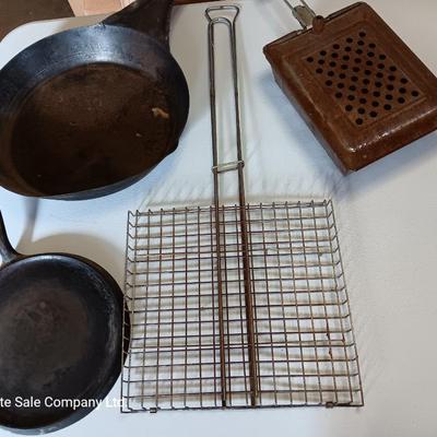 Camping pans - Cast Iron Griddle - Popcorn maker - handheld grate - and large frying pan