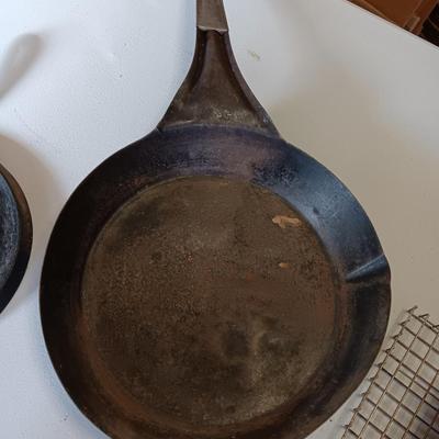 Camping pans - Cast Iron Griddle - Popcorn maker - handheld grate - and large frying pan