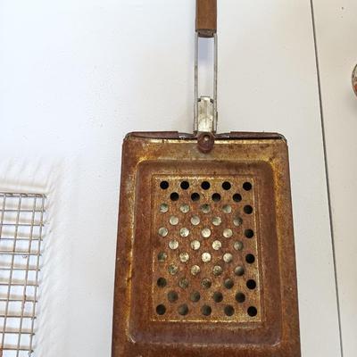 Camping pans - Cast Iron Griddle - Popcorn maker - handheld grate - and large frying pan