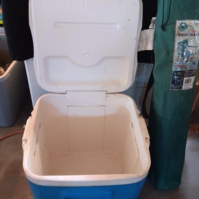 Camping cooler and folding chair with cover