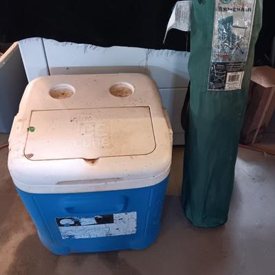 Camping cooler and folding chair with cover