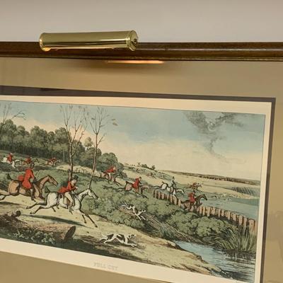 Large Vintage Hunt Scene Print Framed w/overhead lamp.