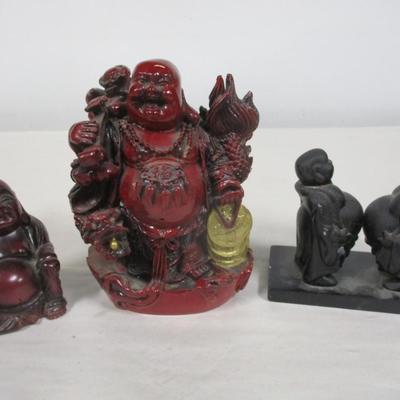 Red Resin Happy Buddha Statue, Big Belly Buddha, and Pair of Sumo Wrestlers Statue