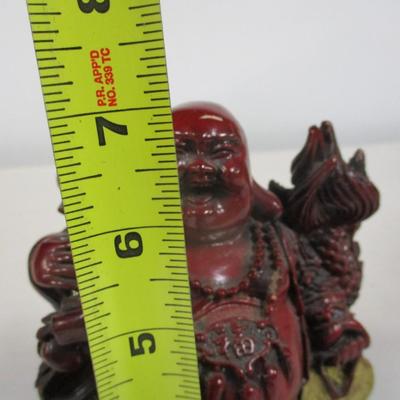 Red Resin Happy Buddha Statue, Big Belly Buddha, and Pair of Sumo Wrestlers Statue