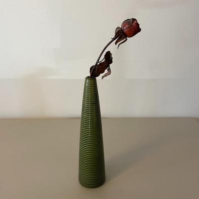 Green Vase with Metal Rose