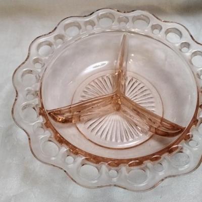 Hocking Glass Co. Open Lace Pink Depression 3 Section Condiment Bowl