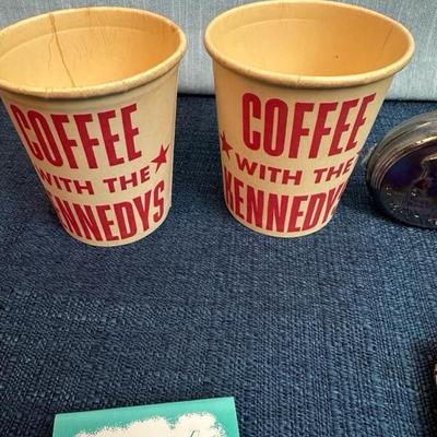 Lot 19  JFK Pin, ribbon, paper coffee cups and mini bottle