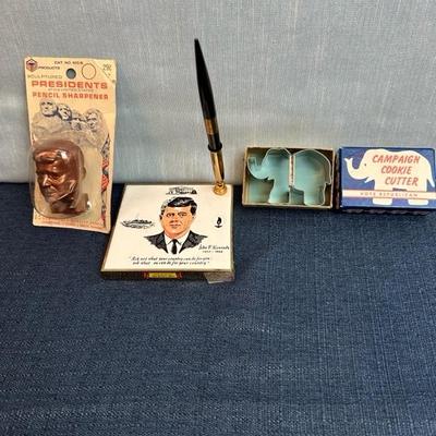 Lot 23  JFK desk set, sharpener, GOP cookie cutter