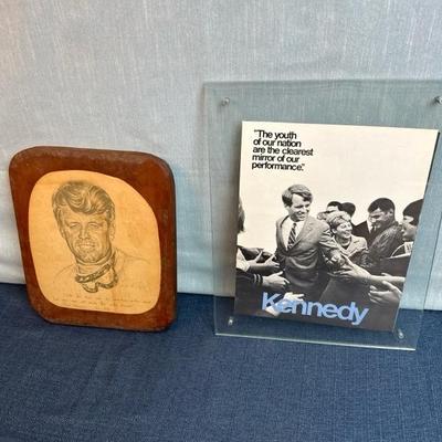 Lot 29 Robert Kennedy framed campaign flyer and art on wood plaque