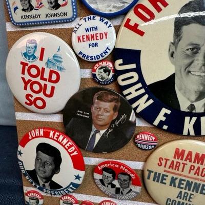 Lot 30 Kennedy button collection on 16 x 16 â€œ corkboard
