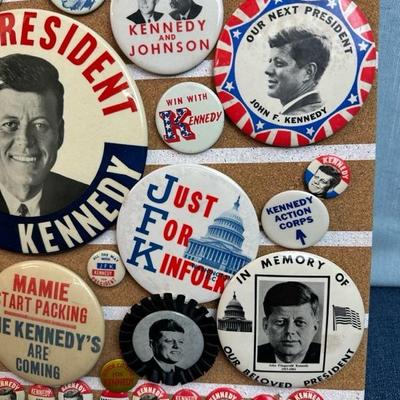 Lot 30 Kennedy button collection on 16 x 16 â€œ corkboard