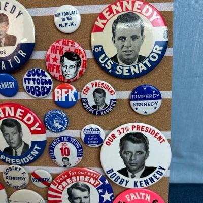 Lot 31 Robert Kennedy Button Collection on 16 x16â€ corkboard