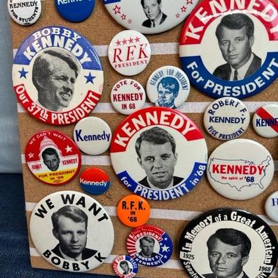 Lot 31 Robert Kennedy Button Collection on 16 x16â€ corkboard