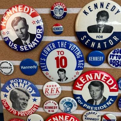 Lot 31 Robert Kennedy Button Collection on 16 x16â€ corkboard