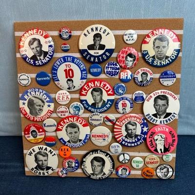 Lot 31 Robert Kennedy Button Collection on 16 x16â€ corkboard